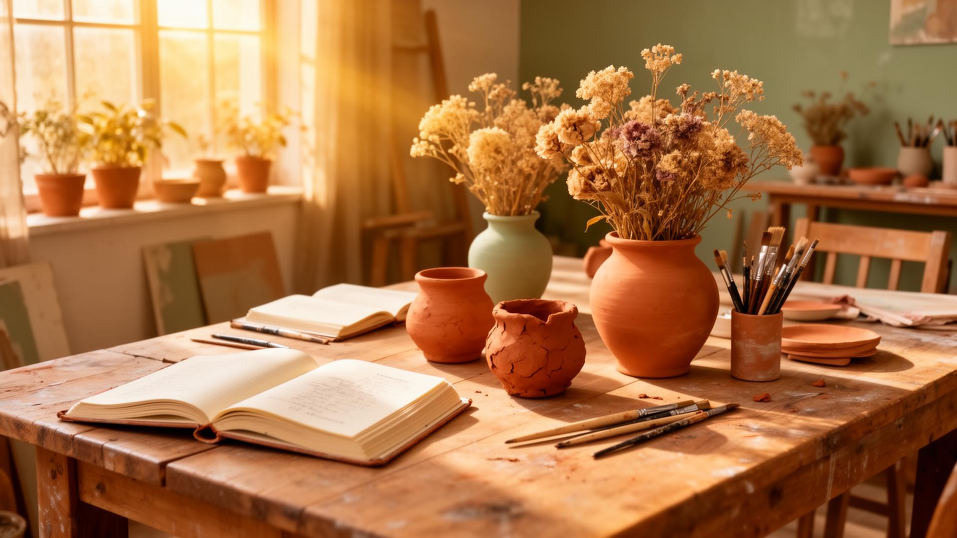 Sunlit creative art studio with journals and pottery
